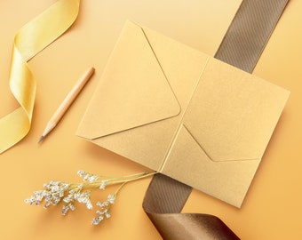 A7 Gold Pocket Fold Wedding Invitation Folder, Custom Invites for all Occasions, Tri-fold, DIY Kit/Set, Pocket, Wallet, Inserts, Printed