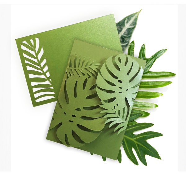 Tropical Monstera Leaves Wedding Invitation Set Folder, Custom Invitation Template, DIY Printed Invitation, Greenery/Garden/Summer Wedding