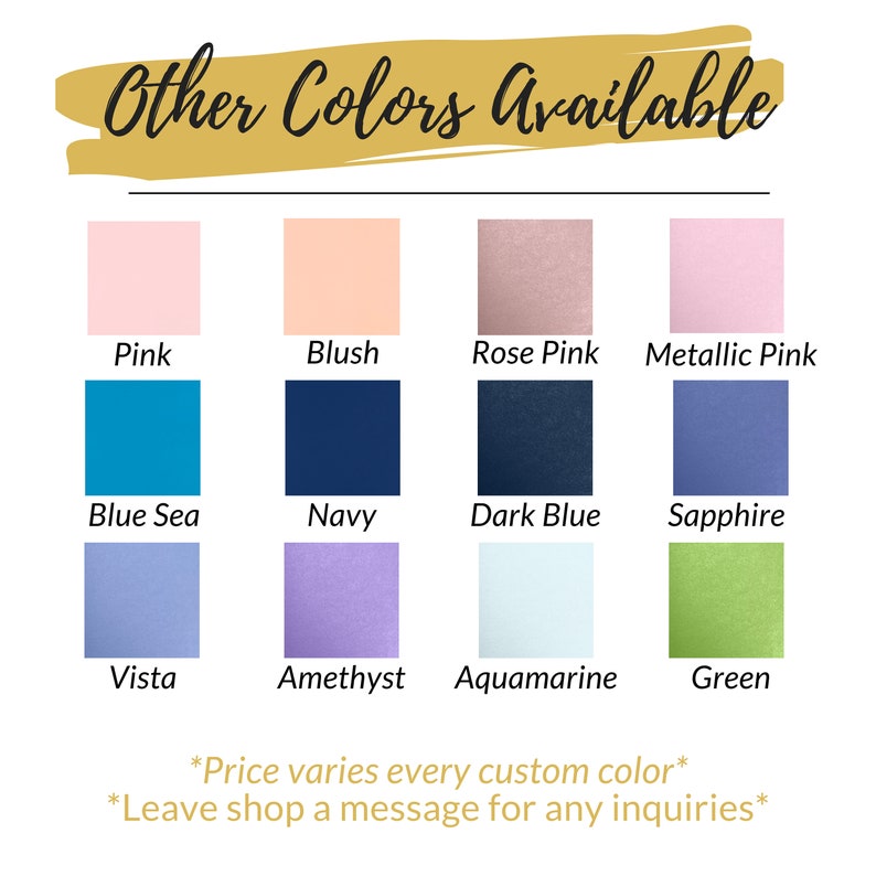 Puede incluir: Una carta de colores que muestra varias muestras de color, incluyendo rosa, azul y verde. El texto "Other Colors Available" est&aacute; en la parte superior. Debajo de las muestras de color est&aacute;n los nombres de los colores: Pink, Blush, Rose Pink, Metallic Pink, Blue Sea, Navy, Dark Blue, Sapphire, Vista, Amethyst, Aquamarine y Green.