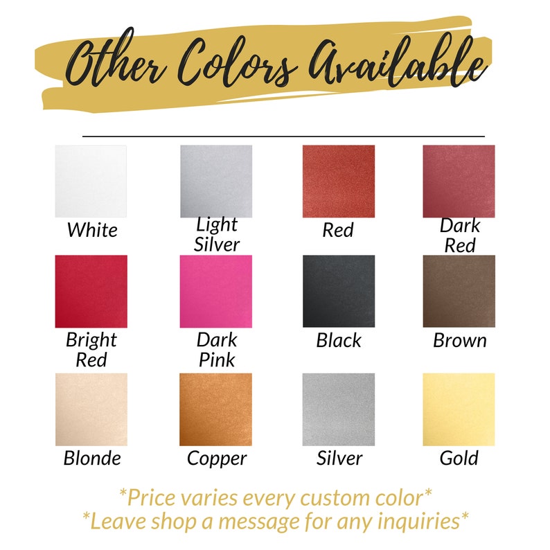 Puede incluir: Paleta de colores con opciones variadas: blanco, plata claro, rojo, rojo oscuro, rojo brillante, rosa oscuro, negro, marr&oacute;n, rubio, cobre, plata y oro. El texto en la parte superior dice "Otros colores disponibles."