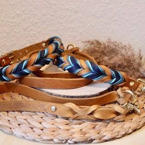 May include: A set of two braided leather dog collars and leads. One collar and lead are brown leather with a blue and teal braided ribbon. The other collar and lead are brown leather with a braided design.