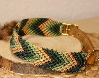 Paracord Hundehalsband Herbstfarben mit Leder | Handgemachtes Hundehalsband | Grün Beige Kupfer | Geschenk für Hund