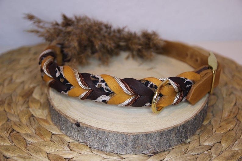 May include: A braided collar featuring alternating strands of mustard yellow, dark brown, and a white and black leopard print fabric. The collar includes a gold-toned metal D-ring and a matching gold-toned buckle closure with a tan leather strap end.