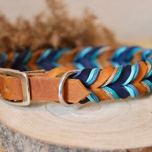 May include: A braided dog collar with brown leather and blue, teal, and silver braided rope. The collar has a silver buckle and D-ring.