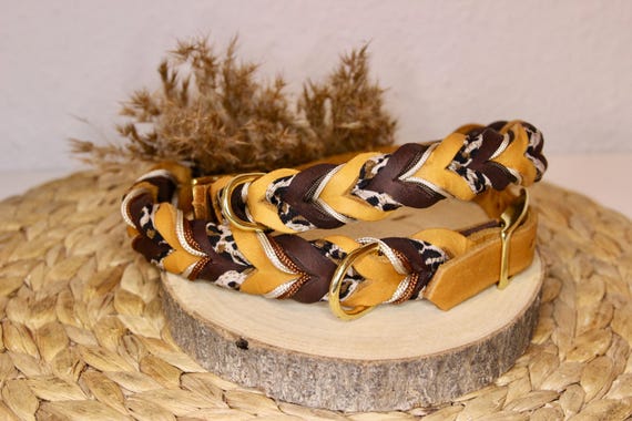 Geflochtenes Hundehalsband aus Fettleder | Cognac & Dunkelbraun | Leopardenmuster | Leopardenhalsband | Leder Hundehalsband handgemacht