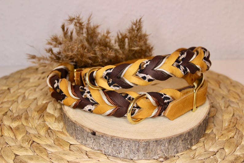 May include: A braided leather collar featuring alternating strands of mustard yellow, dark brown, and a black and white animal print pattern. The collar includes gold-toned metal hardware, including a D-ring and a buckle, with a smooth leather end.