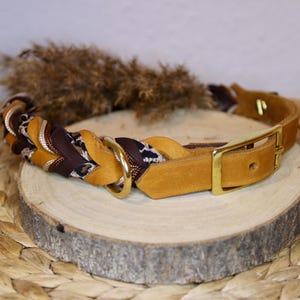 May include: A braided leather collar featuring a mix of mustard yellow, dark brown, and leopard print leather strands. The collar includes a gold-toned metal buckle, a matching D-ring for attachment, and a smooth leather strap end with a single hole.
