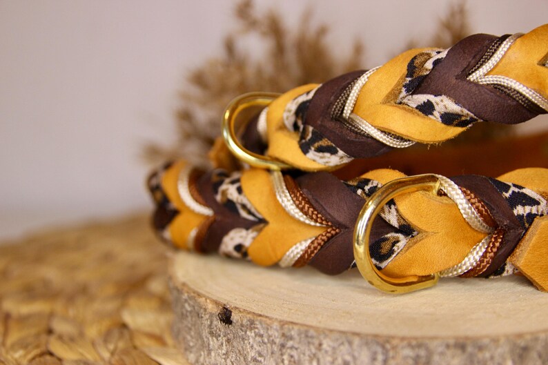 May include: A braided collar featuring mustard yellow and dark brown leather strips interwoven with a leopard print fabric and metallic gold cord. The collar includes a polished gold-tone metal D-ring for attachment, showcasing a multi-textured design.