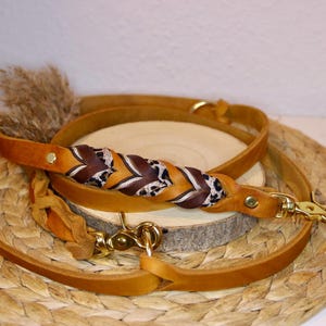 May include: A tan leather dog leash featuring a braided handle section with alternating dark brown leather and leopard print patterned leather strips. The leash includes gold-toned metal swivel snap hooks at both ends and brass rivets.
