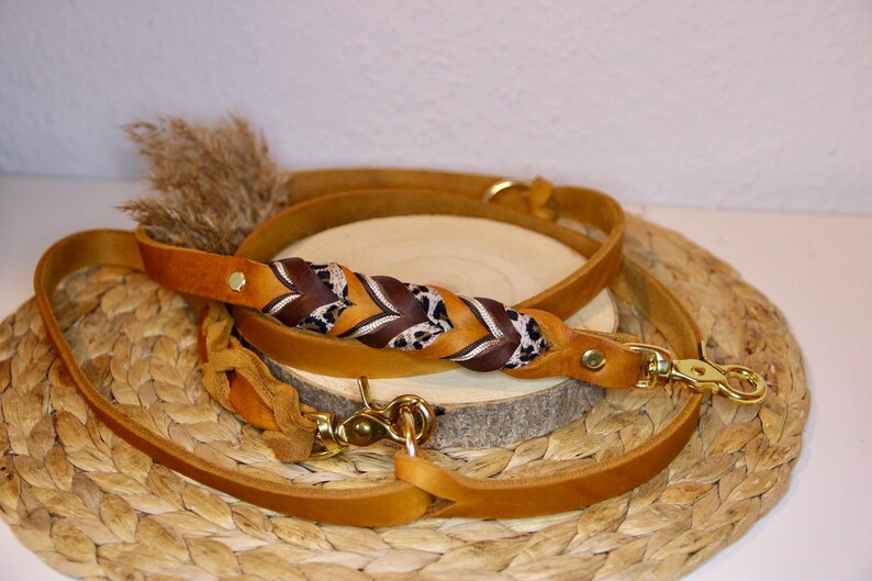 May include: A tan leather dog leash featuring a braided handle section with alternating dark brown leather and leopard print patterned leather strips. The leash includes gold-toned metal swivel snap hooks at both ends and brass rivets.