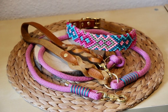 Paracordset ROSALIE | Hundehalsband & Leine | Rosa Hundehalsband | Paracord Halsband | Leder Hundehalsband | Rosa Hundeleine | Handmade