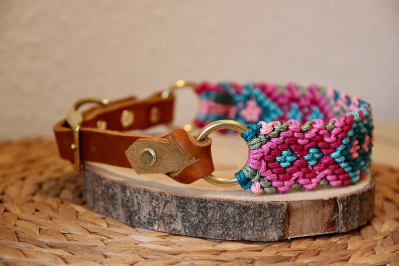 Peut inclure: Un collier pour chien tress&eacute; rose, turquoise et vert avec une sangle en cuir marron et des accessoires en m&eacute;tal dor&eacute;.