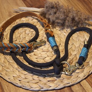 May include: A black and blue rope dog leash with a brown leather dog collar. Both have gold metal clasps.