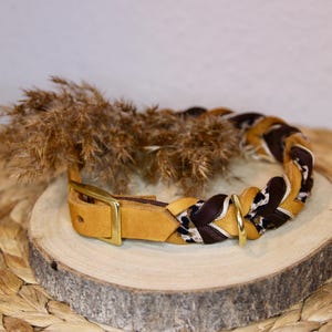 May include: A braided collar featuring tan leather, dark brown fabric, and a white and black leopard print pattern. The collar includes a gold-toned metal buckle and a D-ring attachment, with a smooth leather strap end and a metal pin closure.