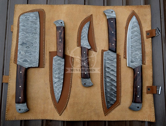 Handmade Damascus Chef Knife Set, of 5 Pcs Kitchen Knives, Mothers Day Gift  