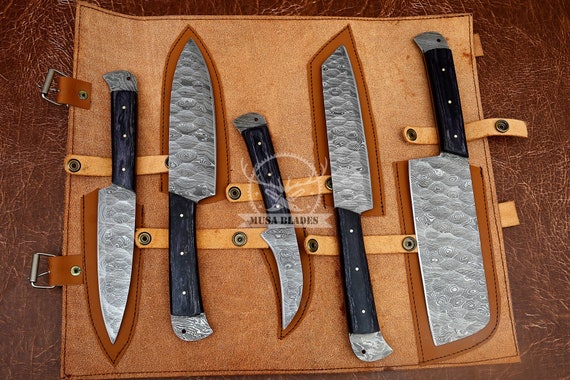Hand Forged Damascus Steel Professional Chef Knives Set of 8, Kitchen Knife  With Leather Bag Roll, Olive Wood Cooking Knives, Groomsman Gift 