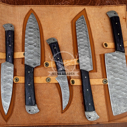 Damascus Steel 5 PCs Chef Knife Set shops Christmas Gift Handmade Kitchen Knife Set Wood Handles Sharp Edges Free Leather Roll Best Gift Birthday