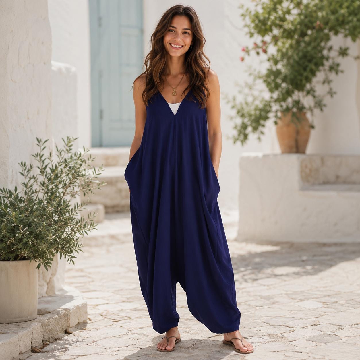 Boho Harem Jumpsuit Navy Blue, Dropped Crotch Jumpsuit, Loose Fit Pocket Romper, Flowy Spaghetti Strap Resort Outfit