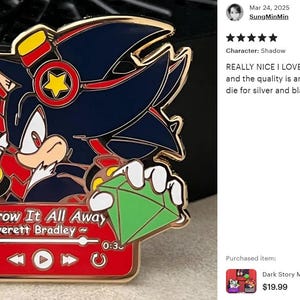 May include: Enamel pin featuring a character with black and red accents, holding a green gem. The pin is designed as a music player with the text "Throw It All Away" and the artist's name. The pin has a gold border.