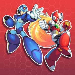 May include: Illustration of two robotic characters in action poses. One is primarily blue with a helmet and a blaster arm, the other is red and white with long, flowing yellow hair. The background is a red hexagonal pattern.