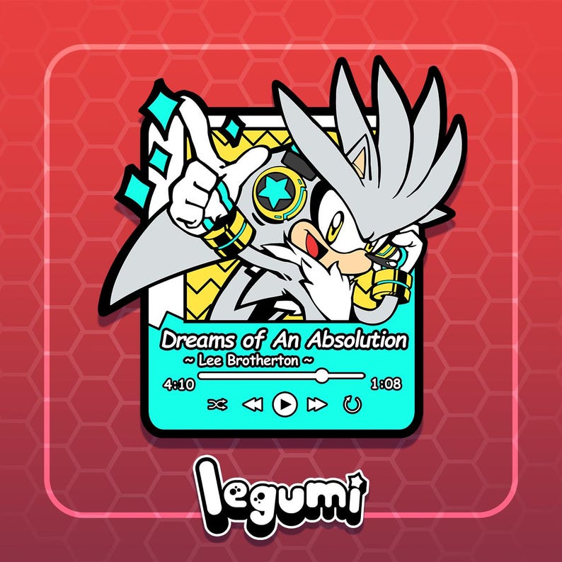 May include: A silver and blue music player pin with a cartoon character of a silver hedgehog. The pin features a play button, rewind button, fast forward button, and a repeat button. The text on the pin reads "Dreams of An Absolution ~ Lee Brotherton ~ 4:10 1:08". The pin is on a red background with a honeycomb pattern.