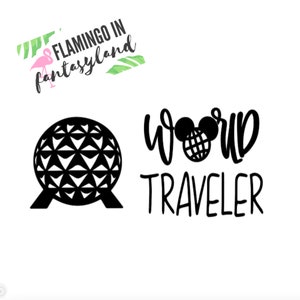 May include: Black and white graphic design featuring a silhouette of the Spaceship Earth ride at Epcot, a Disney theme park, with the text "World Traveler" and a Mickey Mouse ear silhouette with a globe inside.