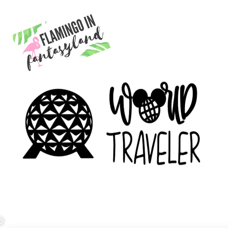 May include: Black and white graphic design featuring a silhouette of the Spaceship Earth ride at Epcot, a Disney theme park, with the text "World Traveler" and a Mickey Mouse ear silhouette with a globe inside.
