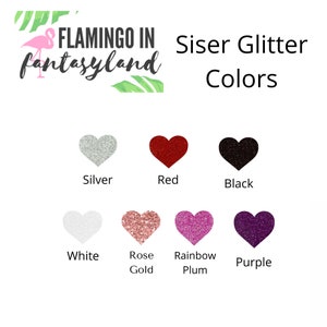 May include: A variety of Siser Glitter colors in heart shapes. The colors include silver, red, black, white, rose gold, rainbow plum, and purple.