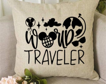 World Traveler Pillow Cover: Linen Look, Mouse Decor (18x18 inches)