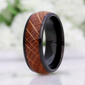 Whiskey Barrel, Mens Tungsten Wedding Band, 8mm Black Tungsten Ring, Wood and Metal Ring, Comfort Fit, Unique Ring, Polished, Dome