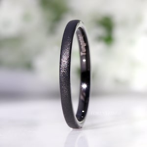 Black Sandblasted Tungsten Ring, 2mm Thin Wedding Band, Black Sparkling Band, Men Women Ring, Domed, Minimalist Unique Ring, Ring Engraving