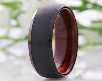 Men Wood Ring, Black Tungsten Wedding Band, Rosewood Ring, Comfort Fit, Brushed Matte, Dome, Bevel, Birthday Anniversary Gift for Him