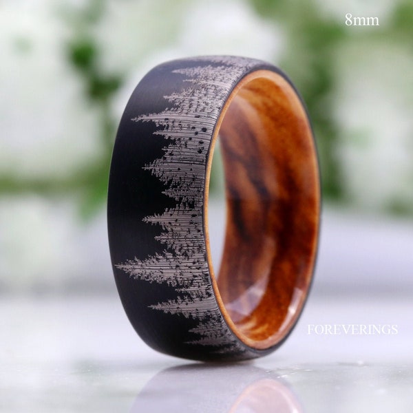 8mm-7mm-6mm Men Tungsten Wedding Band, Olive Wood Ring, Forest Trees Band, Matte Brushed, Black Nature Landscape Ring, Comfort Fit, Dome