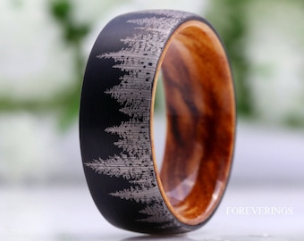 Men Black Forest Band with Olive Wood, Black Tungsten Wedding Ring, Pine Trees Band, Matte Brushed, Nature Landscape Ring, Comfort Fit, Dome