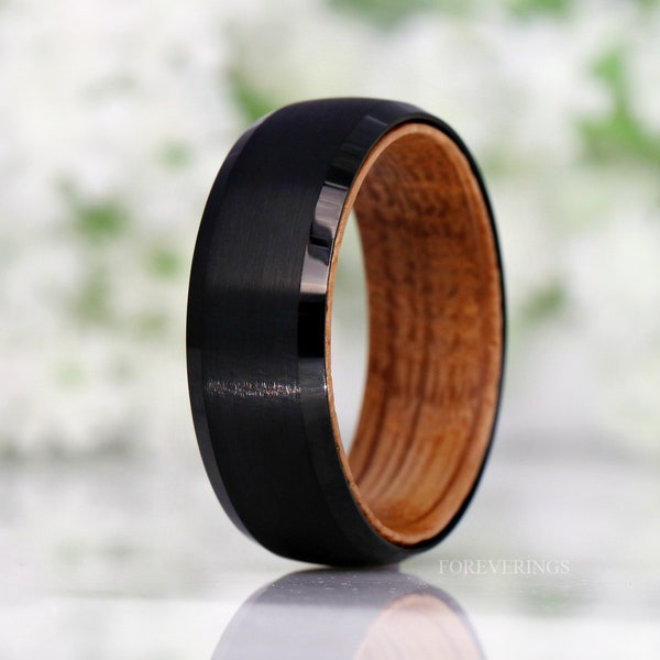 8mm-6mm Whiskey Barrel Ring, Tungsten Wedding Band, Wood and Tungsten Ring, Unique Men Ring, Matte Brushed, Black, Comfort Fit, Beveled