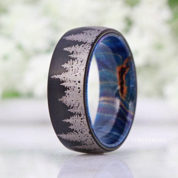 8mm-6mm Blue Wood Ring, Men Tungsten Wedding Band, Elder Wood, Forest Trees Band, Black, Brushed, Nature Landscape Ring, Dome, Comfort Fit