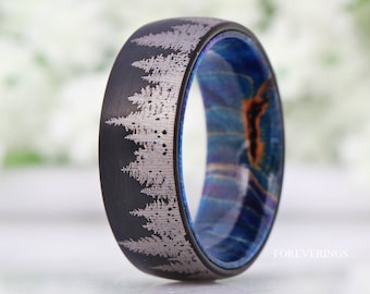 8mm-6mm Blue Wood Ring, Men Tungsten Wedding Band, Elder Wood, Forest Trees Band, Black, Brushed, Nature Landscape Ring, Dome, Comfort Fit