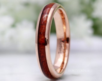 Rose Gold or Gold Koa Wood Tungsten Ring, 4mm Wedding Band, Women Men Ring, Comfort Fit, Unique Promise Ring, Nature Ring, Ring Engraving