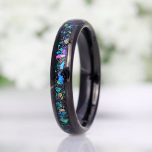 Galaxy Opal Ring, 4mm Tungsten Wedding Band, Women Men Ring, Black Tungsten Ring, Domed, Polished, Comfort Fit, Birthday Anniversary Gift