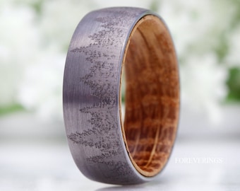 Whiskey Barrel Ring, Mens Tungsten Wedding Band, Wood Ring, Gunmetal Ring, Forest Trees Band, Nature Landscape Ring, Comfort Fit, 8mm Ring