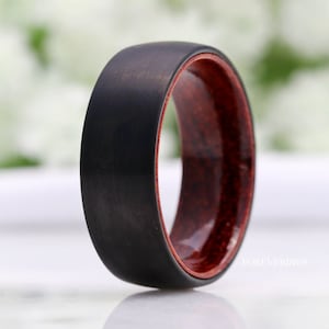 Mens Tungsten Wedding Band, Wood Wedding Band, Rosewood, Black Ring, Domed, Comfort Fit, 8mm Ring, Birthday Anniversary Gift for Him