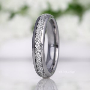 Meteorite Tungsten Wedding Band, 4mm Silver Tungsten Ring, No Plating, Women Men Ring, Meteorite Inlay, Comfort Fit, Polished, Dome
