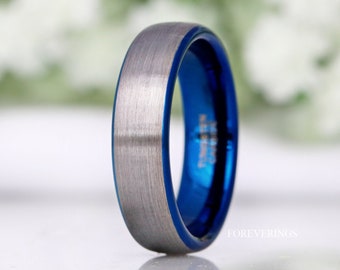 Blue Silver Two Tone Mens Wedding Band, 6mm Matte Tungsten Ring, Simple Classic Dome Band, Ring Engraving