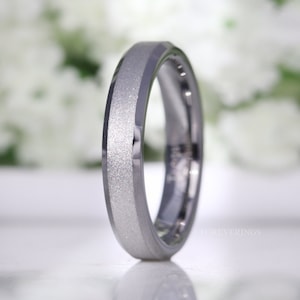 Silver Sandblasted Ring, 4mm Tungsten Band, Mens Womens Wedding Band, Simple and Unique Silver Ring, Flat, Beveled, Custom Engraved Ring