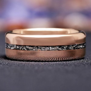 Rose Gold Meteorite Ring, Mens Wedding Band, Unique Gift for Him, Real Genuine Meteorite, Tungsten Flat Polish Band, Engraved Promise Ring