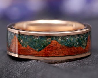 Moss Agate Band for Men, Rose Gold Wedding Band, Mountain Landscape Promise Ring for Him, Flat Polish, Earthy Nature Inspired Tungsten Ring