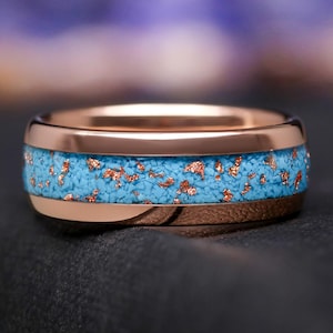 Western Mens Rose Gold Wedding Band, Turquoise & Rose Gold Foil Inlay, 8mm Tungsten Ring, Dome Polished, Durable Promise or Anniversary Ring