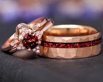 Black Opal Couples Ring in Rose Gold, His and Hers Wedding Ring Set, Veloura, Fire Opal, Matching Bands, Nontraditional Engagement Ring Set