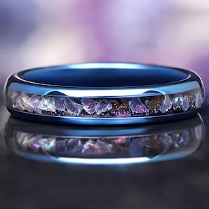 Celestial Moonstone Wedding Band | 4mm Blue Tungsten Ring Inspired by the Veil Nebula
