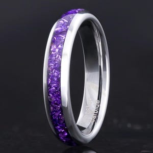 Amethyst Wedding Band, Purple Ring, Silver Tungsten Ring, Women Men Ring, Dome, Polish, Comfort Fit, Simple and Unique Promise Ring